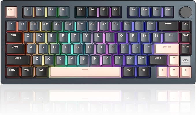 MageGee LIGHT75 Wireless Creamy Keyboard, Tri-Mode Bluetooth/2.4GHz/USB-C RGB Backlit, Gasket Hot Swappable Custom Gaming Keyboard for Win/Mac/PC, with Knob, 4000mAh Battery, Grey