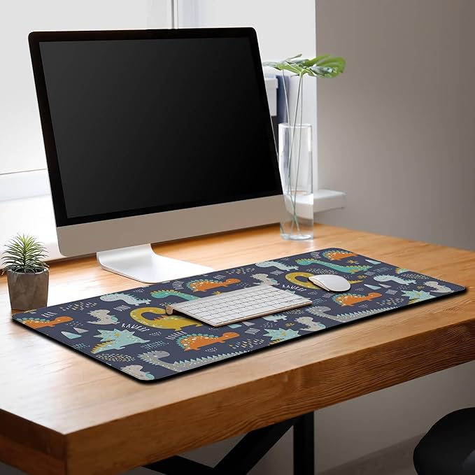 Computer Desk Mat Yellow, Gaming Mouse Pads Desk Mouse Pad, Desktop Computer Mat Non-Slip Rubber Base Waterproof with Stitched Edges, 35.4 X 15.7 inch for Work/Game/Office/Home Dinosaur