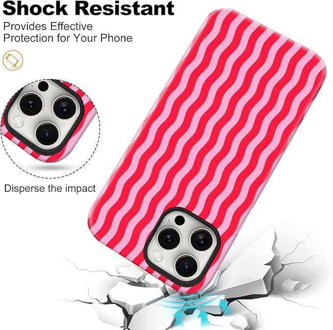 Magnetic for iPhone 14 Pro Max Case Cute Wavy Stripes Phone Case, Shockproof Slim TPU and Hard PC Protective Phone Cover Compatible with MagSafe Designed for Women Girls, Red