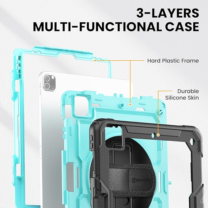 Timecity for iPad Pro 12.9 Case 6th/5th/4th/3rd Gen, 360° Rotating Stand, Pencil Holder & Wireless Charging, Shockproof with Screen Protector & Shoulder Strap -for Designers & Professionals-Light Blue