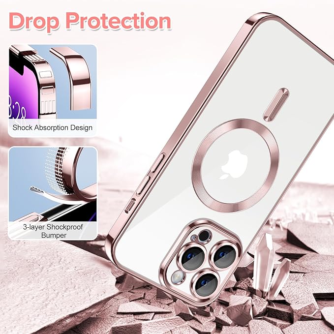 Hython Magnetic Clear for iPhone 14 Pro Max Case with Camera Lens Protector [Compatible with MagSafe] Plating Edge Slim Soft TPU Cover Protective Phone Case for iPhone 14 Pro Max 6.7", Pink