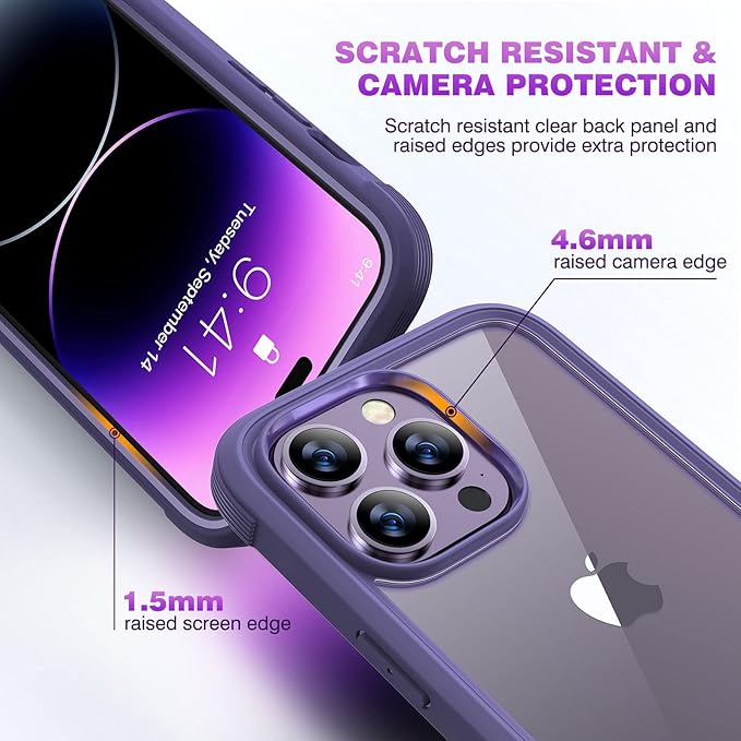 Diaclara Designed for iPhone 14 Pro Max Case 6.7’’, Full Body Rugged Phone Case w/Built-in Sensitive Anti-Scratch Screen Protector+9H Tempered Glass Camera Lens Protector(Royal Purple)