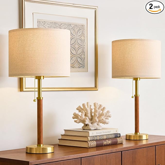 G-SAFAVA 22" Wood Table Lamps Mid Century Modern Lamp for Bedroom Living Room Bedside Lamps for Night Stands Nightstand Lamp with Pull Chain Gold Small Side End Table Lamps Set of 2 Vintage Deco Gifts