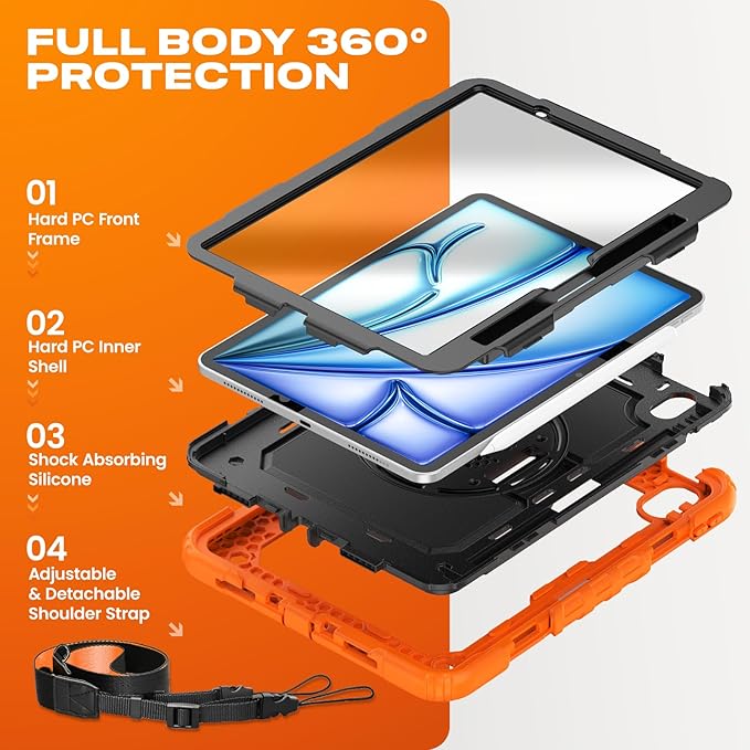 SEYMAC stock Case for iPad Air 11-inch M4-M2 2026-2024 (Gen 8-6), Shockproof Heavy Duty Case with Screen Protector, Pencil Holder, Rotating Stand, Hand Strap, Shoulder Strap, Orange
