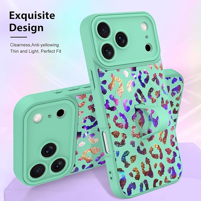 KANGHAR Compatible with iPhone 17 Pro Case, Support for MagSafe, Silicone Cute Iridescent Leopard Cheetah Pattern, Wristband Kickstand Shockproof Protective Slim Cover for Women Girls, Green