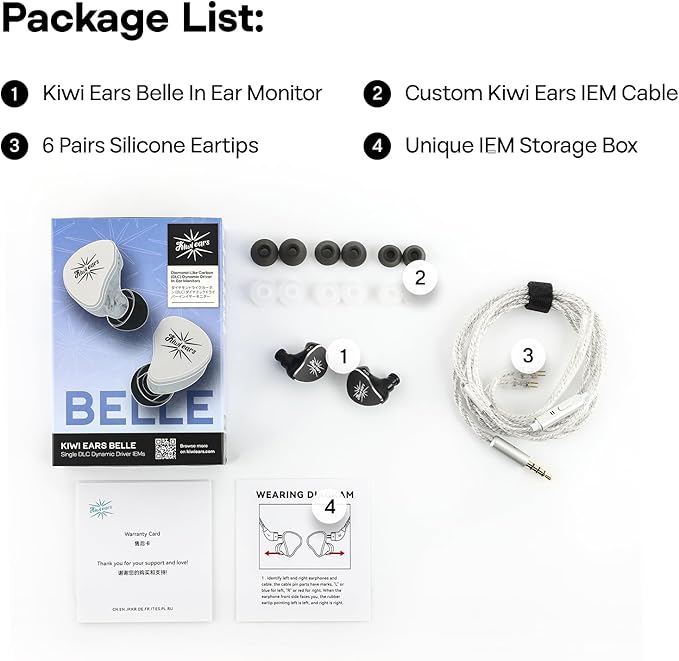 Linsoul Kiwi Ears Belle 10mm DLC Dynamic Driver in-Ear Monitor, HiFi Wired Earbuds with Dual Silver-Plated Cables, Professional IEM for Stage Performance/Gaming/Music Production (Without MIC, Black)
