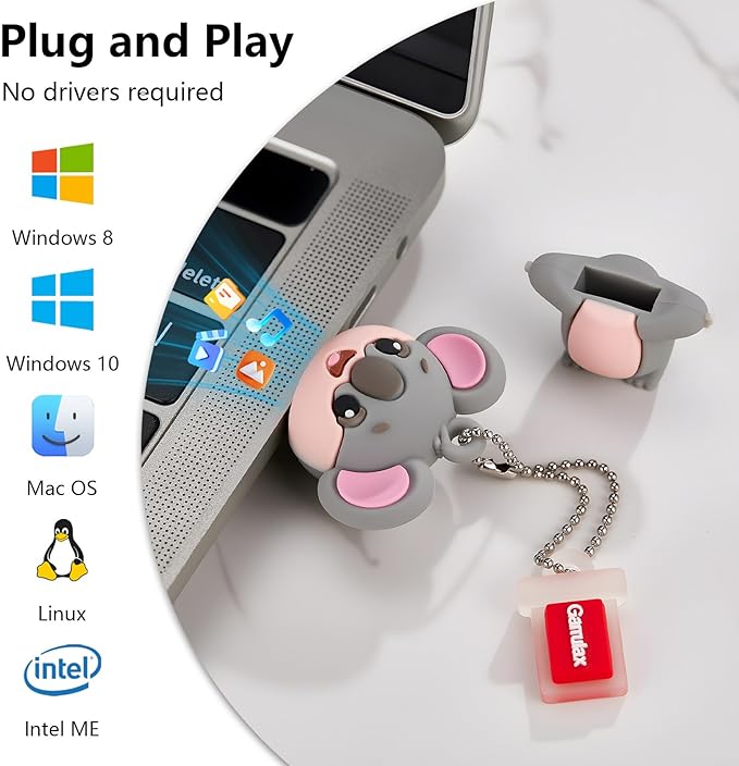 USB Flash Drives, 16GB/32GB/64GB/128GB Silicone USB2.0 High Speed Thumb Memory Stick Pen Date Storage Pendrive U Disk (Cute Koala, 128GB)