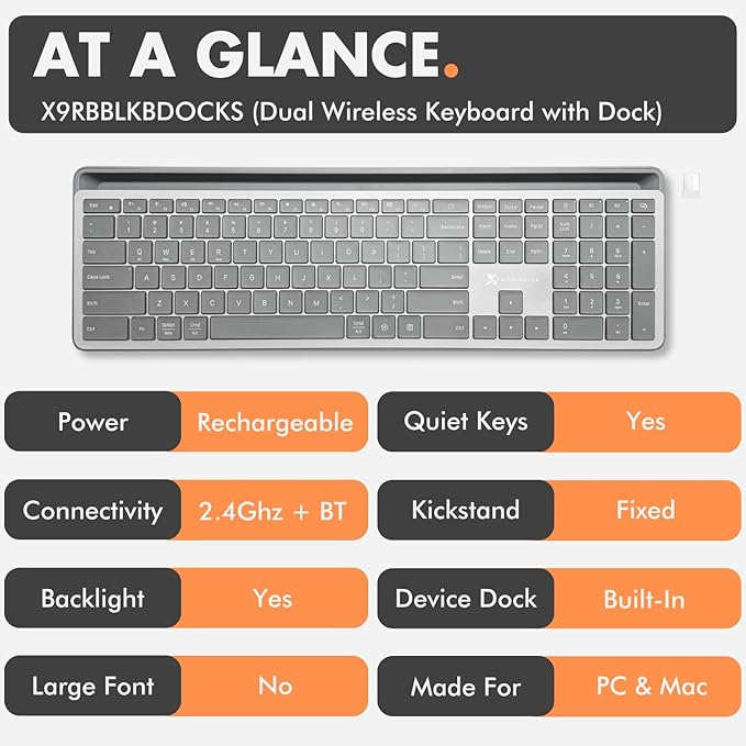 X9 Full-Size Bluetooth Keyboard with Phone Holder – Backlit Wireless Keyboard, Switch Multi-Device, Slim, Quiet, Rechargeable, w/Copilot AI for PC, Mac, iOS & Android (Silver)