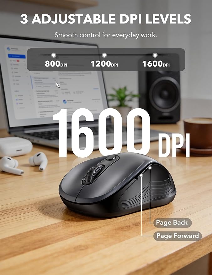 Trueque Wireless Mouse, 2.4GHz Ergonomic Mouse for Laptop & PC, Silent Portable Computer Mice with Back & Forward Buttons, USB-C Adapter for Windows/Mac, M01 (Gray)