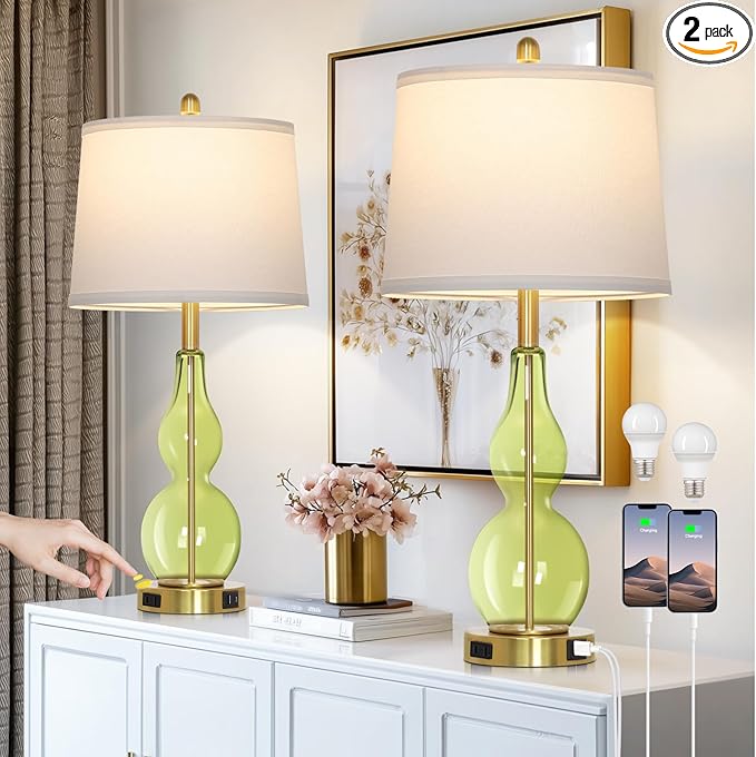 Rinweey 27.5" Green Glass Double Gourd Table Lamp Set of 2,3-Way Dimmable Touch Control Bedside Lamps with USB Ports and AC Outlet, Nautical Nightstand Lamps for Bedroom Living Room