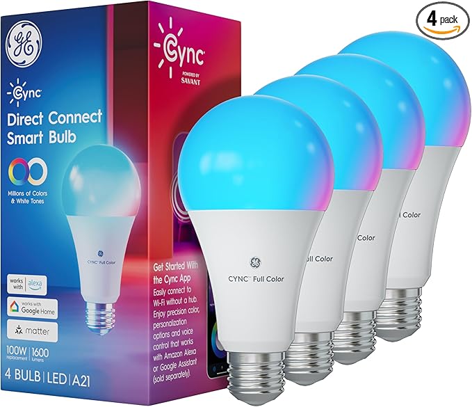 Cync Direct Connect A21 Smart LED Light Bulb, Color Changing Smart Lights, Matter Compatible, Compatible with Alexa and Google Home (4 Pack)