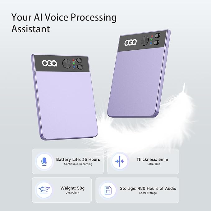 AI Voice Recorder with Simultaneous Interpretation & Real-timeTranscription,64G Recording Memory AI Speech Processor Powered by ChatGPT with App Control for Business/Education/Interviews, Purple