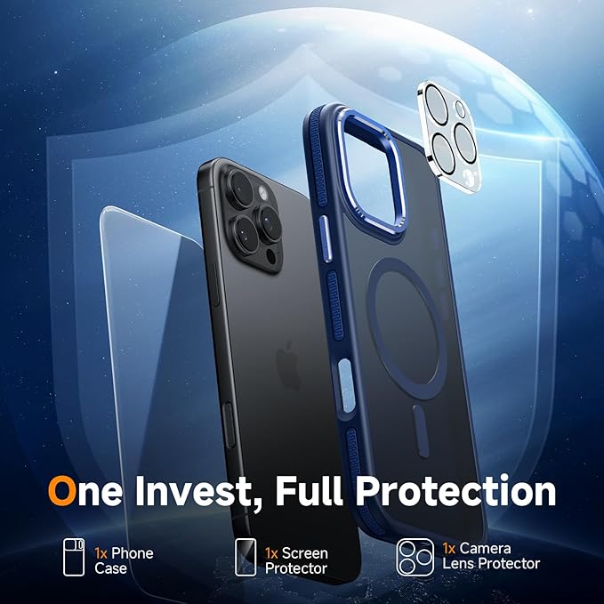Magnetic 3 in 1 for iPhone 16 Pro Max Case, [Omni-Directional Protection] with 1x Screen Protector + 1x Camera Cover, [Seamless Work with Magsafe] Protective Matte Silm Case for iPhone 16 Pro Max Blue