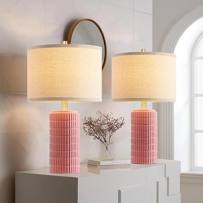 AIEAMPDO 23" Set of 2 Pink Ceramic Table Lamp for Living Room Bedroom, Modern Farmhouse Nightstand Desk Lamps for Dining Room Dresser End Table Entryway, 2 LED Bulbs Included