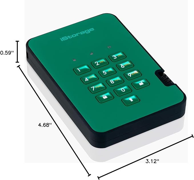 iStorage diskAshur2 HDD 3TB Green | Secure portable hard drive | Password protected | Dust & water resistant | Hardware Encryption