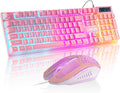 CHONCHOW Pink Gaming Keyboard and Mouse Combo with LED, 104 Keys Wired Light Up Pink Keyboard and Cute Mouse Set for PC Laptop Computer PS4 PS5 Xbox, 19 Keys Anti-ghosting, Multimedia Keys, Number Pad
