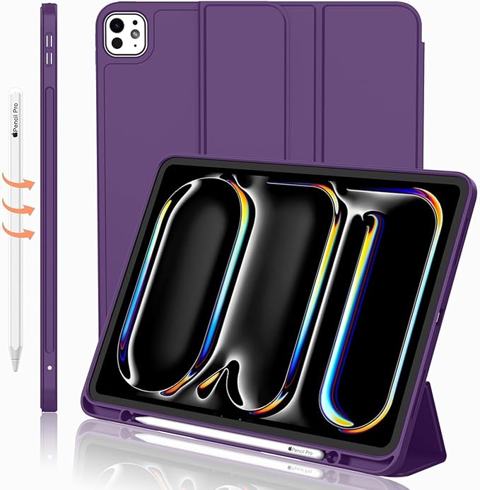 iMieet Case for iPad Pro 11 Inch (M5) 2025 /(M4) 2024 5th Gen, Trifold Stand Smart Cover with Pencil Holder and Soft TPU Back, Auto Wake/Sleep (Dark Purple)