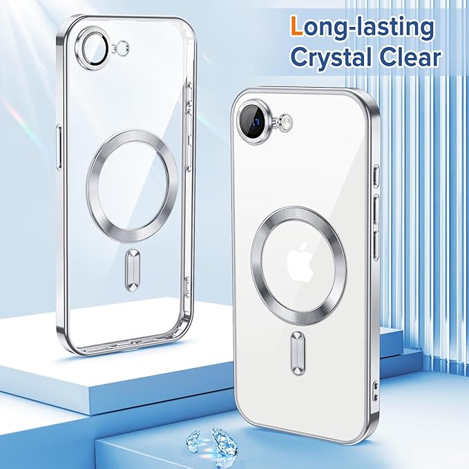 Hython Magnetic Clear for iPhone 17e Case with Camera Lens Protector [Compatible with MagSafe] Luxury Plating Edge Slim Soft TPU Cover Protective Phone Case for iPhone 17e 6.1", Silver