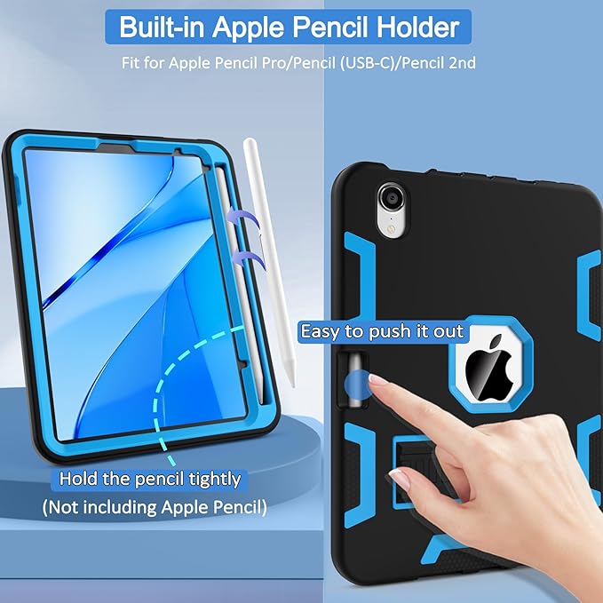 CCMAO for iPad mini 7 A17 Pro Case, iPad mini 6th/7th Generation Case (2021/2024), with Pencil Holder and Kickstand, Heavy Duty Shockproof Hybrid Three Layer Protective Cover, Black+Sky Blue