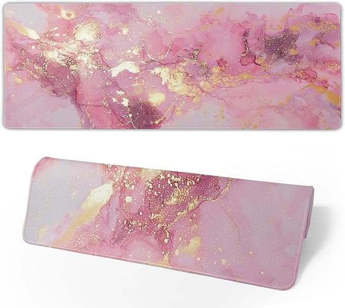 Gold Pink Marble Mouse Pad Extended Large 31.5x11.8in Coquette Kawaii Desk Mat Preppy Trendy Computer Mousepad XL Non-Slip Rubber Base Stitched Edge Rose Gold Mousepad PC Desk Pad for Work Desktop
