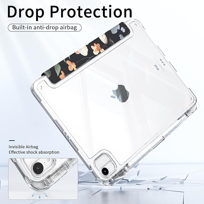 Case for iPad Air 11 Inch M4/M3/M2 (2026/2025/2024), iPad Air 5th/4th Generation 10.9" Case, Clear Back Cover Origami Trifold Stand with Pencil Holder, Black Flower