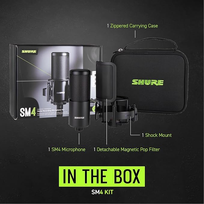 Shure SM4 Studio Recording Microphone Kit, XLR Home Studio Condenser Mic with Mix-Ready Audio - All-Metal Construction, Includes Detachable Magnetic Pop Filter & Shock Mount (SM4-K-KIT)