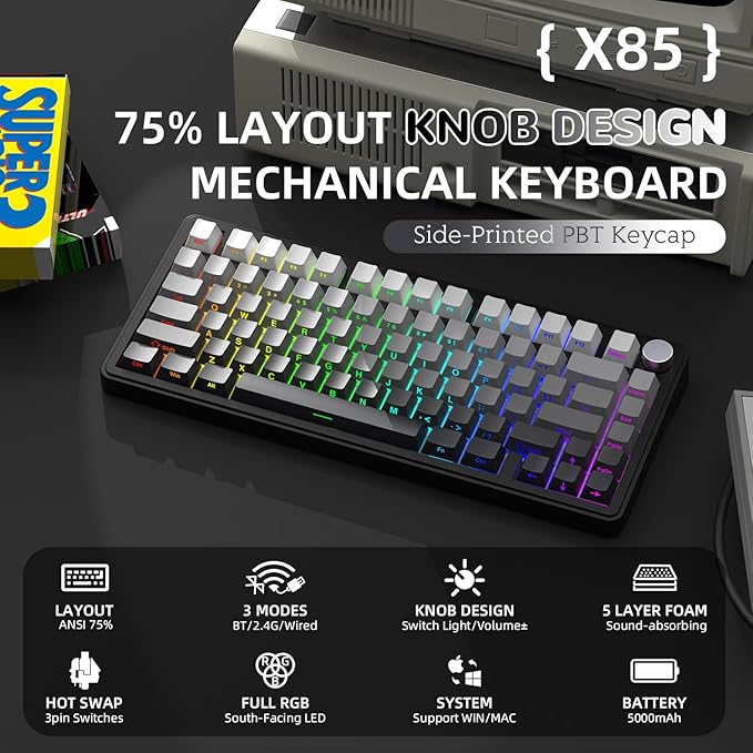 Yindiao X85 Wireless Mechanical Keyboard, TKL 82 Keys Bluetooth 5.0/2.4GHz/USB-C Hot Swappable Custom Keyboard,Gasket Structure,Knob,RGB Backlit Gaming Keyboard for PC/Mac/PS4/Xbox(Black)