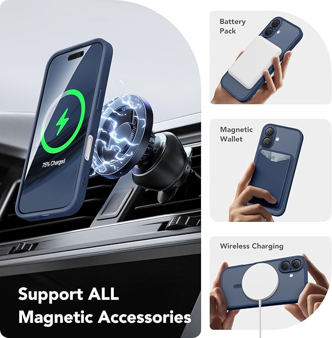 CAPRARO Magnetic Compatible with iPhone 16 Case, Upgraded [Full Camera Protection] [Compatible with MagSafe] Protective Translucent Matte Women Girl Phone Case Cover, Navy Blue