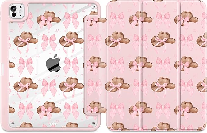 Case for iPad Pro 13 inch (M5) 2025 (M4) 2024 Release with Pencil Holder - Aesthetic Cute Preppy Design Trifold Cover with Soft TPU Bumper Clear Back Auto Sleep/Wake for Girls Women, Hat