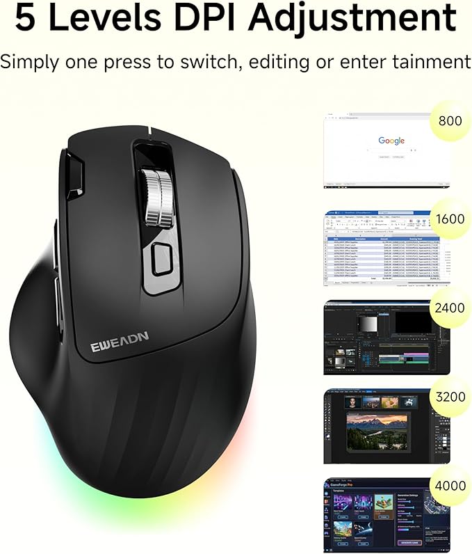 EWEADN C2 Ergonomic Wireless Mouse, 2.4G & Bluetooth Mouse for Laptop, Silent Click Dul-Mode Rechargeable Computer Mouse, 5 DPI Levels Optical Mice with RGB for Laptop, PC, Mac, Windows - White