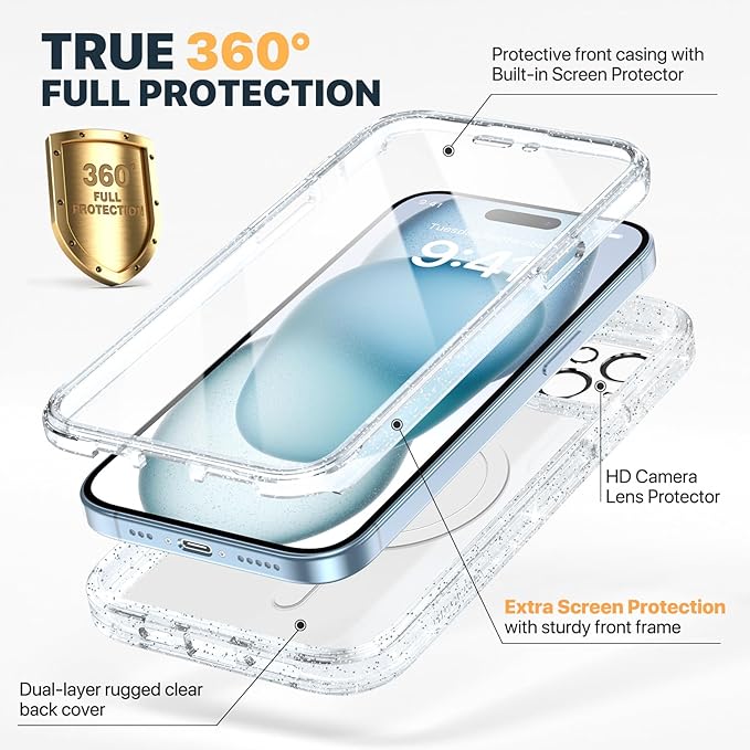 Diaclara Magnetic Designed for iPhone 15 Case, Compatible with MagSafe Built-in Touch Sensitive Anti-Scratch Screen Protector, with Camera Lens Protector for iPhone 15 6.1" (Full Clear Glitter)