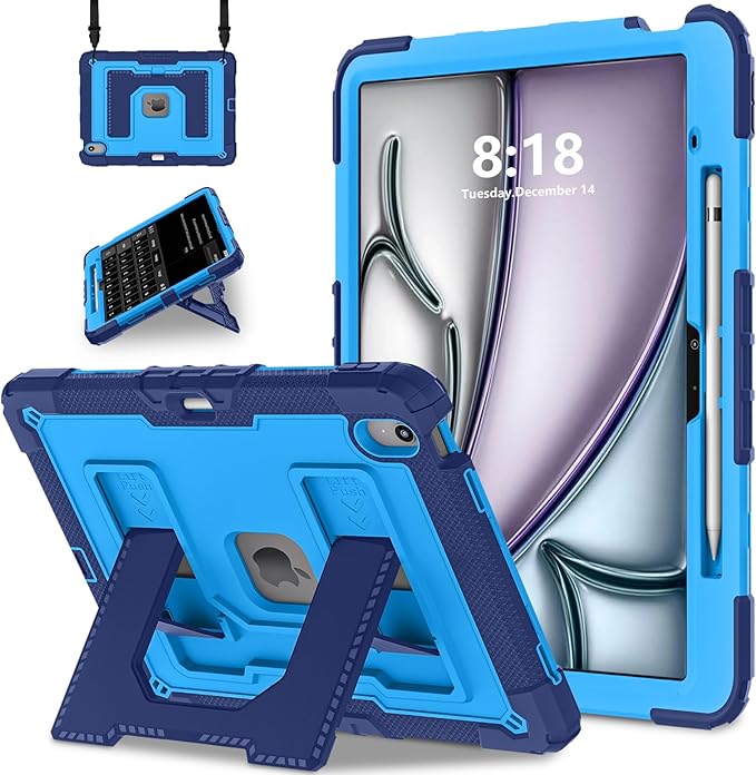 Kids Friendly Case for iPad Air 13 Inch M4 M3 M2 2026/2025/2024 Case with Pencil Holder & Shoulder Strap, Military Grade Shockproof Kickstand Hard Shell Protective Cover,Blue