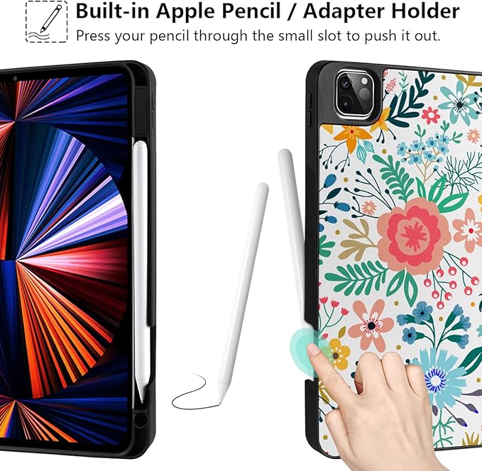 DONGKE Case for iPad Pro 12.9 inch 6th Generation 2022, Built-in Pencil Holder + Trifold Stand + Auto Wake/Sleep + Protective Cover for iPad Pro 12.9 5th/4th/3rd Gen - Flower