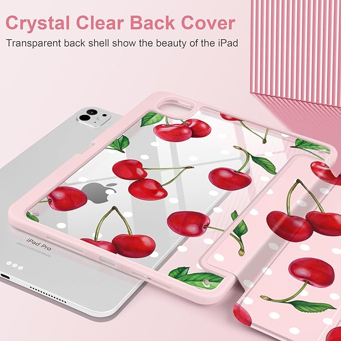 TWOLSKOO Case for iPad Pro 11-inch (M5 2025 / M4 2024), Clear Acrylic Back with TPU Bumper, Pencil Holder, Trifold Stand, Auto Sleep/Wake, Cherries