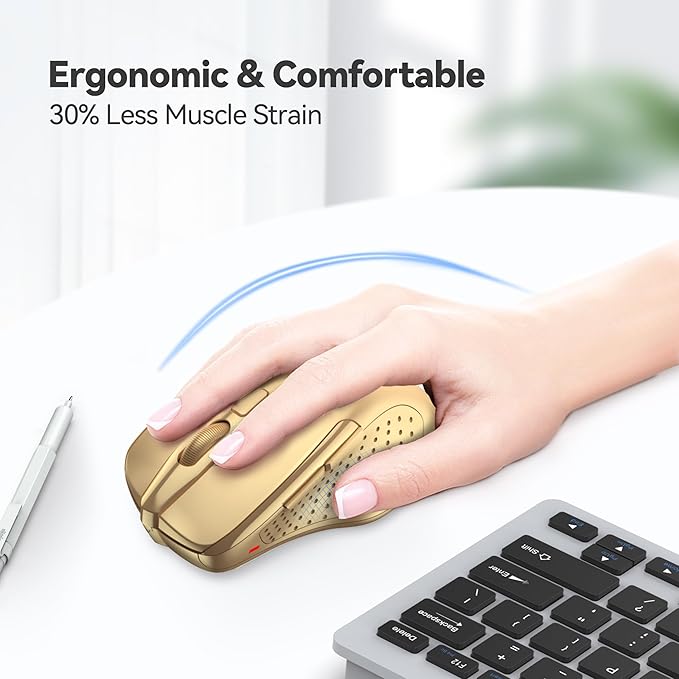 TECKNET Wireless Mouse, 2.4G Ergonomic Optical Mouse, Computer Mouse for Laptop, PC, Computer, Chromebook, Notebook, 6 Buttons, 24 Months Battery Life, 2600 DPI, 5 Adjustment Levels - Gold