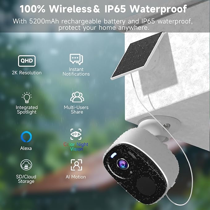 3PCs 2K Security Camera Wireless Outdoor, Solar Camera for Home Security, Battery Powered WiFi Security Cameras with Color Night Vision, AI Motion Detection, 2-Way Audio, IP65, SD/Cloud, Works Alexa