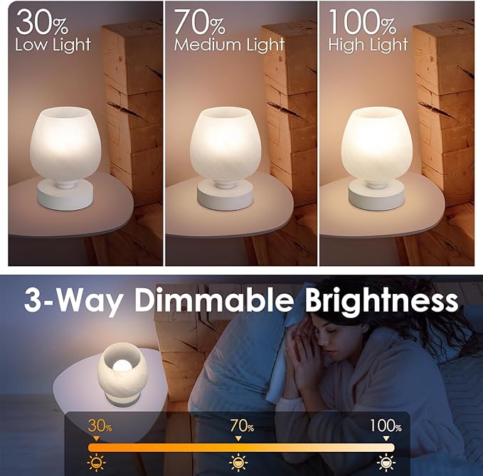 Bedside Table Lamp - Touch Small Lamp for Bedroom Nightstand, 3-Way Dimmable, White Opal Glass Shade, Warm LED Bulb Included