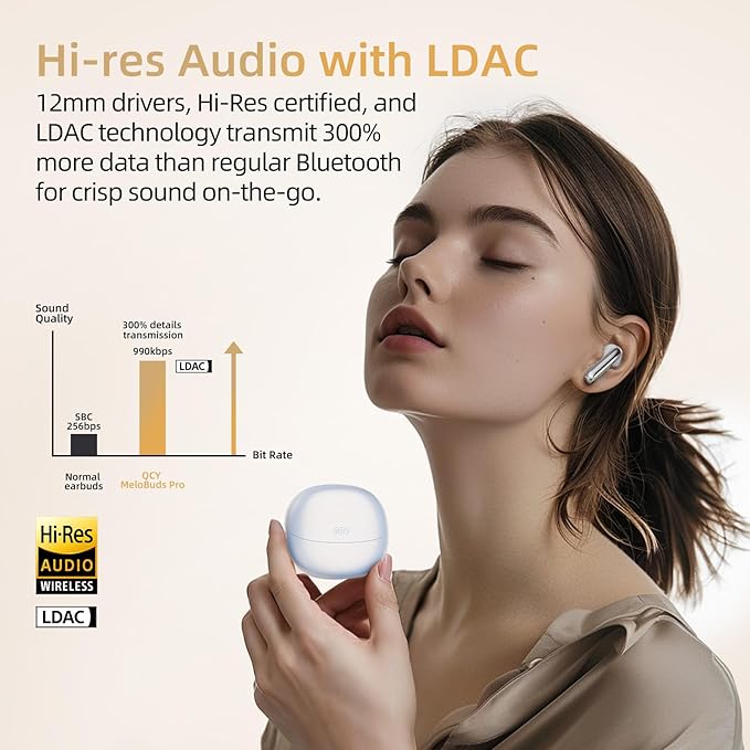 QCY MeloBuds Pro Aadptive Hybrid Active Noise Cancelling Wireless Earbuds, Reduce Noise by Up to 99%, Bluetooth 5.3 Wireless LDAC Hi-Res Audio, 34H Playtime, Comfortable Fit, Custom EQ via App