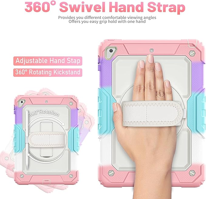 HXCASEAC Rugged Case for iPad Pro 9.7, iPad Air 2, 9.7 inch, Full Body Protective Design with Pencil Holder, Built-in Screen Protector, Rotating Stand, Hand Strap, for iPad Air 2 Hard Case (Pink)