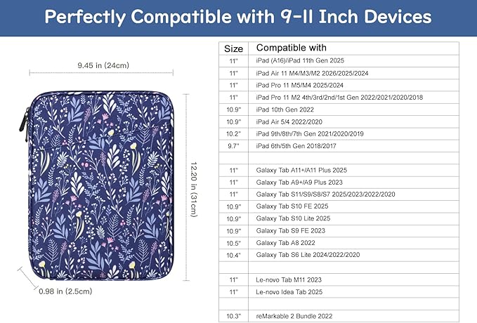 Dadanism 9-11 Inch Tablet Sleeve Bag Carrying Case for iPad (A16) 11th Gen 11", iPad 10th Gen 10.9" Air 5/4, iPad Air M4/Pro M5 11", iPad 9/8/7th Gen 10.2", Galaxy Tab A11+ Plus 11", Branche Dark Blue