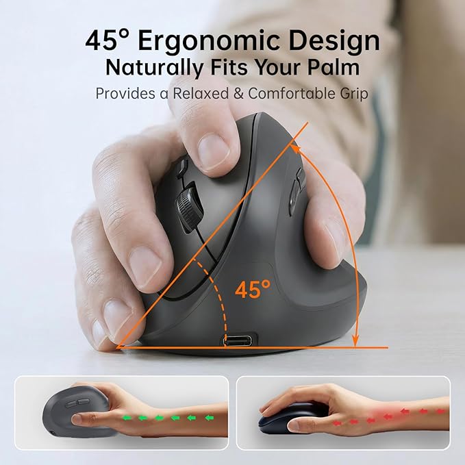 PYP Ergonomic Vertical Wireless Mouse, Bluetooth 5.2/5.0 & 2.4G Tri-Mode, Type-C Rechargeable with Power Display, 6-Level Adjustable 8,000 DPI, Lightweight Quiet Click for Laptop Mac - Matte Black