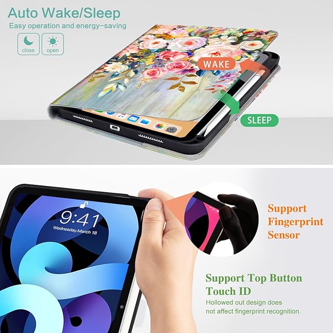 for iPad (A16) 11Th/10Th Generation Case 2025/2022, for iPad Case 11th/10Th Generation 360 Degree Rotating 4 Viewing Angles Pencil Holder/Hand Strap/Pocket Auto Wake/Sleep, Floral Flower
