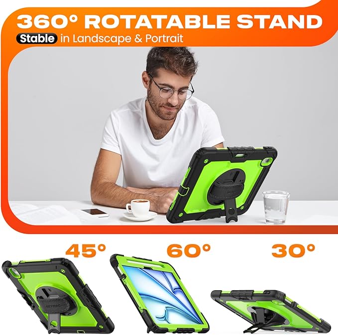 SEYMAC stock Case for iPad Air 11-inch M4-M2 2026-2024 (Gen 8-6), Shockproof Heavy Duty Case with Screen Protector, Pencil Holder, Rotating Stand, Hand Strap, Shoulder Strap, Green