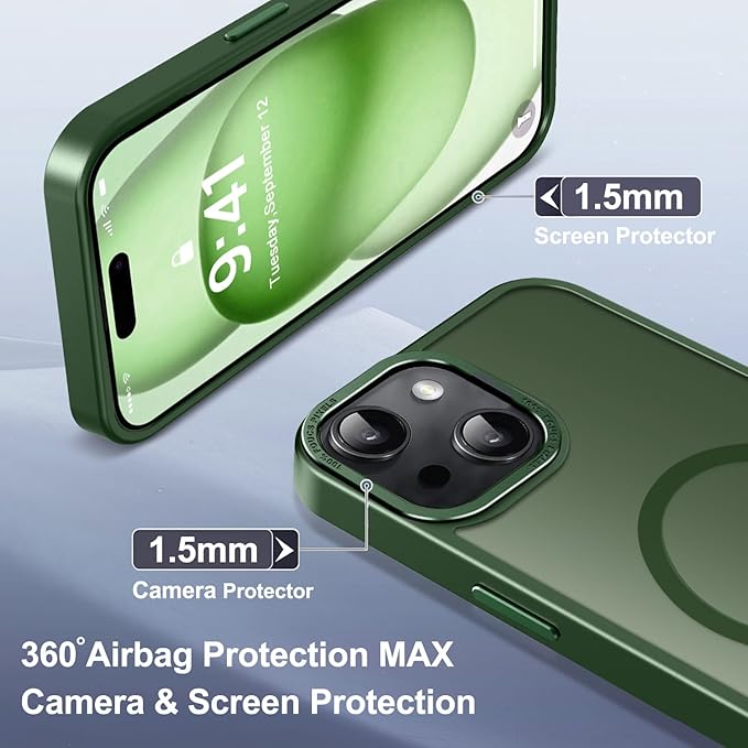 Newfuture Magnetic for iPhone 15 Case [Compatible with Magsafe] [Military Grade Drop Protection] Translucent Matte Anti-Fingerprint Shockproof Phone Case for iPhone 15 6.1 inch, Dark Green