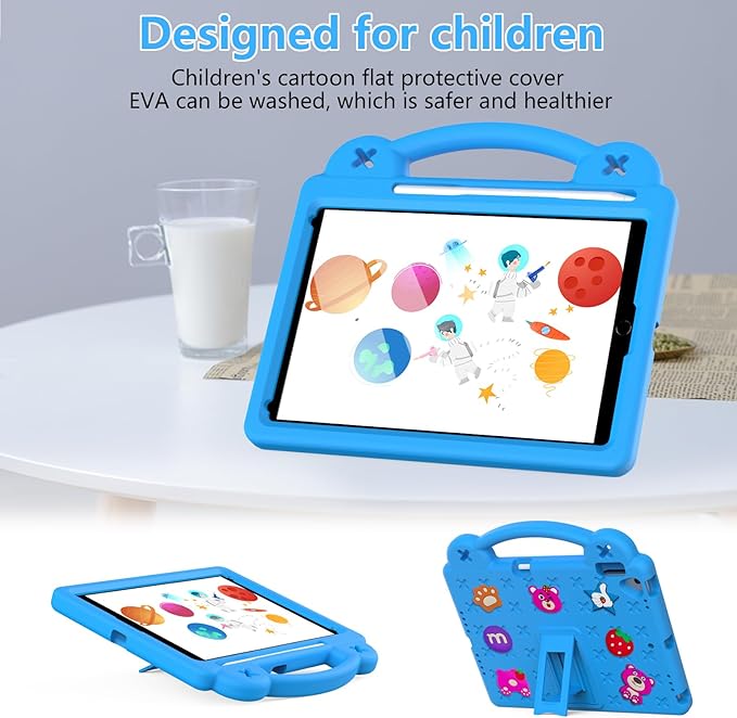For iPad 9th Generation Case for Kids,iPad 8th 7th Gen Case, Shoulder Strap Shockproof Cute DIY Figures Design Handle Stand Protective Rugged Case for Apple iPad 9th 8th 7th Gen 2021/2020/2019,Skyblue