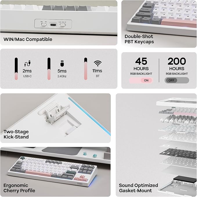 EPOMAKER TH87 Wireless Mechanical Keyboard with 10000mAh Battery, BT/2.4GHz/Wired, Hot Swappable Custom, PBT Keycap, RGB Backlit, Gasket, TKL Gaming Keyboard for PC/Mac (Sea Salt Silent)