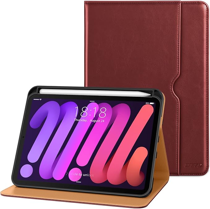DTTO for iPad mini 7th (A17 Pro) 2024/iPad Mini 6th Generation Case 2021 8.3 Inch, Premium Leather Business Folio Stand Cover for Mini 7/6 with Pencil Holder-Multiple Viewing Angles, Burgundy Red