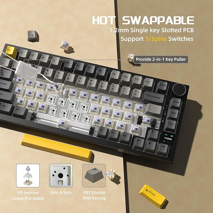 Attack Shark ajazz AK820 Pro Wireless Mechanical Gaming Keyboard TFT Display & Knob Hot Swappable Bluetooth 5.1/2.4G hz/Type-C Gasket-Mounted RGB Backlit Custom Keyboard for PC/Win(Black/Gift Switch)