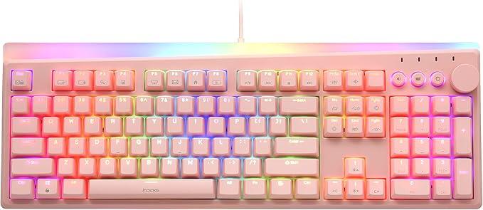 i-rocks K71M RGB Mechanical Gaming Keyboard with Media Control Knob, Switches (Brown), 107 Keys w/Full NKRO, PBT Keycaps, Multimedia Hotkeys, Detachable USB-C Cable and Onboard Storage, Pink