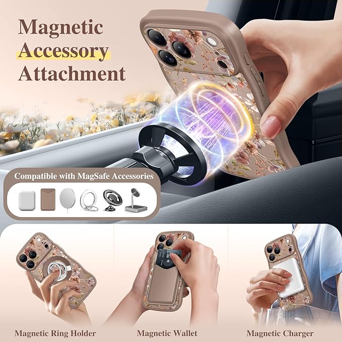 GVIEWIN for iPhone 17 Pro Max Case Compatible with MagSafe [Curly Wave Edge][Full Camera Protection] Floral Translucent Shockproof Magnetic Women Phone Case for 17 Pro Max, Corn Poppy/Brown